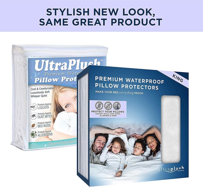 UltraBlock Ultra Plush Premium Waterproof Pillow Protector Set of 2 - Zippered Pillow Case Cover - Super Soft and Quiet Feather Proof Encasement (King Size 20 inches x 36 inches) - Image 2